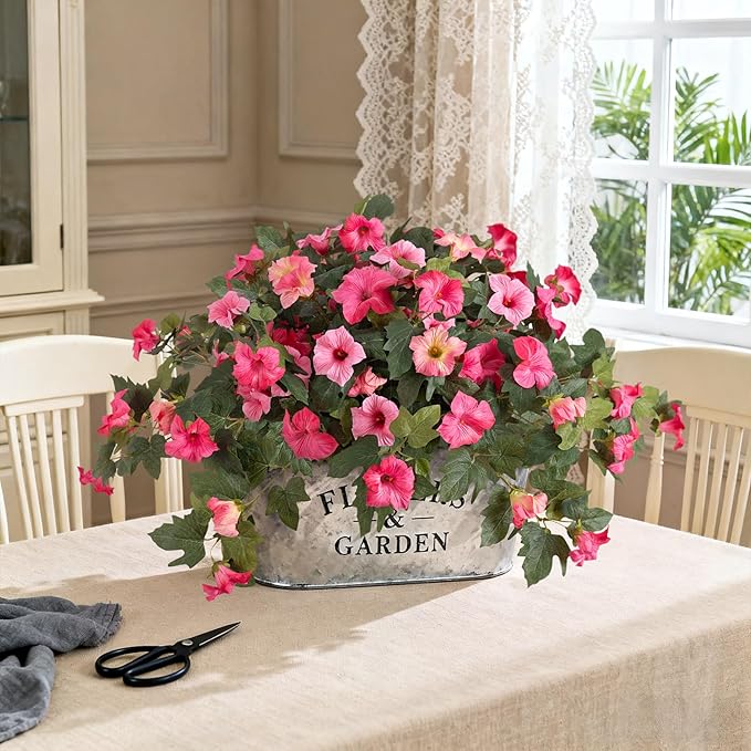 Artificial Fake Petunia Flowers for Outdoor Decoration, 2PCS Faux Silk Petunias Flower for Spring UV Resistant No Fade Realistic Plants for Garden Balcony Yard Porch Indoor Decor(Double Pink)