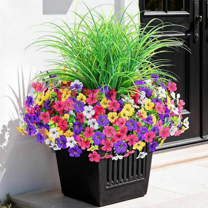 Artificial Flowers for Outdoors, 14 Bundles UV Resistant Fake Flowers Daisy with Greenery Plants,Faux Outdoor Flowers for Spring Summer Decoration, Outdoor Faux Plants Home Window Porch Patio Yard
