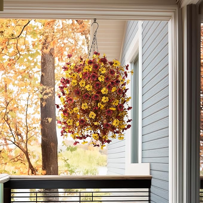 Homsunny Artificial Faux Fall Hanging Flowers Plants Basket for Outdoor Decoration,Fake Silk Orange Mums planters UV Resistant Look Real for Home Porch Patio Yard Outside Autumn Decor (Brown)