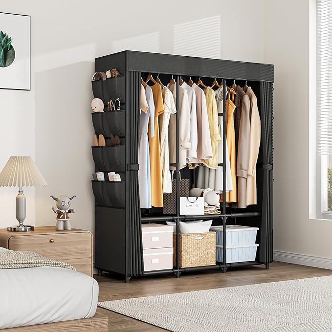 Wardrobe Closet Portable Closets for Hanging Clothes Large Capacity Clothes Rack with Cover, 3 Hanging Rods, 6 Shelves and 8 Pockets, Strong and Stable Free Standing Closet for Bedroom, Black