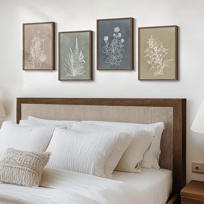 Framed Boho Botanical Wall Art for Living Room, 4 Piece Rustic Floral Canvas Painting Prints, Vintage Minimalist Neutral Flower Artwork for Modern Farmhouse Bedroom Dining Room Office Wall Decor