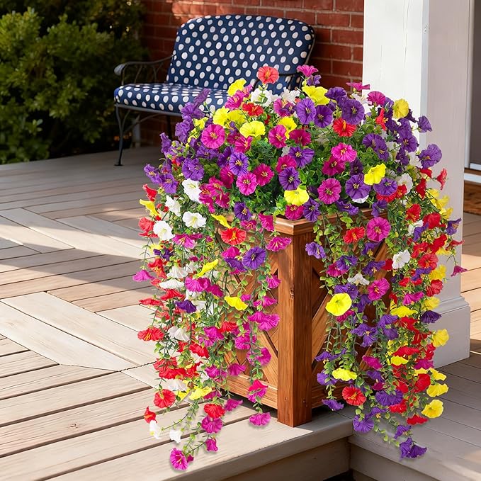 Fake Artificial Hanging Flowers for Outdoor, 8 PCS Silk Morning Glory Faux Flowers with Eucalyptus Leaves,Realistic Hanging Plants for Wedding Home Office Garden Decor