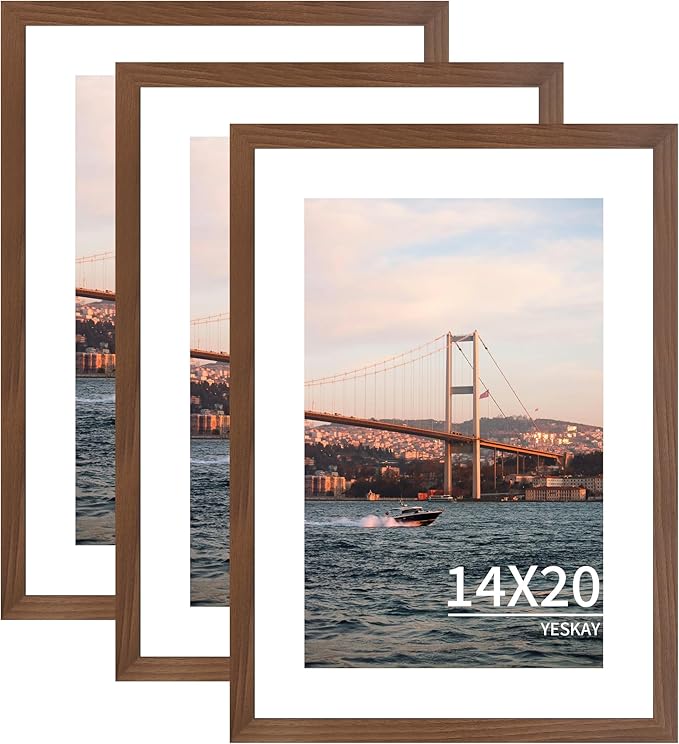 14x20 Picture Frame 3 Pack - Brown Poster Frame Display Pictures 11x17 with Mat or 14 x 20 Without Mat for Wall Hanging Horizontal and Vertical