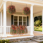 Artificial Hanging Flowers for Outdoors, 2 Pcs Fake Hanging Plant Spring Summer Decoration, UV Resistant No Fade Faux Flower for Porch Patio Yard Window Home Decor(Red Brown)