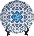 Turkish Decorative Plate Holder, 8 Inch, Blue Flowers Round Display Plate, Table Top Plate Decor with Stand, Ceramic Craft for Wall Hanging Decorative