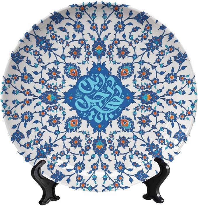 Turkish Decorative Plate Holder, 6 Inch, Blue Flowers Round Display Plate, Hanging Decorative Plate with Display Stand, for Wall Hanging Living Room Bathroom Decor Gift