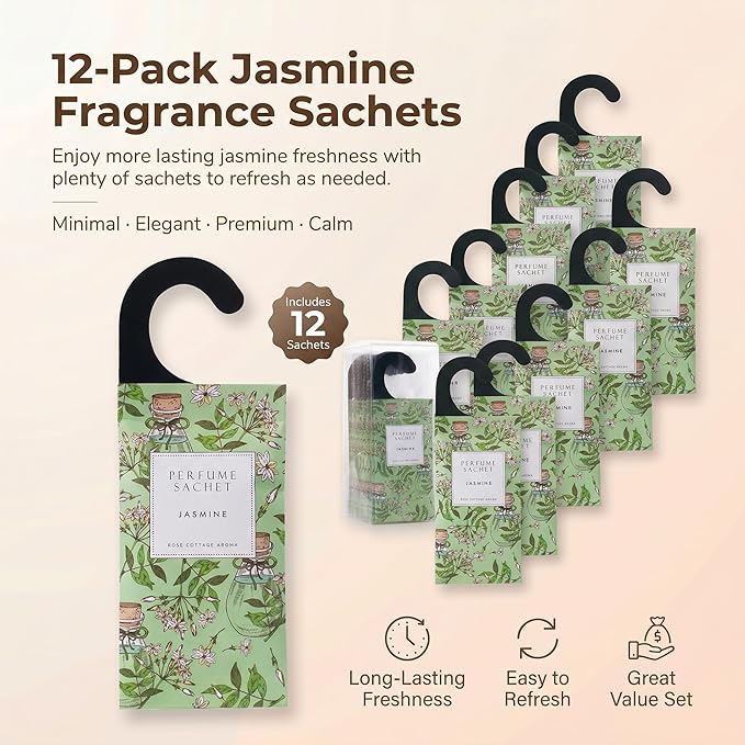 ROSE COTTAGE Large 12 Packs Jasmine Hanging Closet Deodorizer Air Freshener Long Lasting Scented Sachets Smell Goods for House