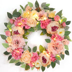 [Lighted & Timer] 22" Spring Summer Wreaths for Front Door Peony Wreath with Lights Pink Silk Flower Hydrangea Rose Green Leaves Floral Wreath for Home Wall Window Wedding Party Indoor Outdoor Decor