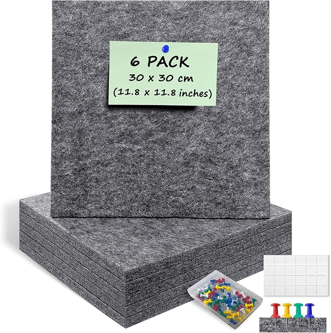 6 Pack Felt Bulletin Cork Board Tiles for Wall, 1/2" Thick Self Adhesive Pinboard Squares with 60 Pushpins, Felt Panels Wall Organizer for Photos, Pictures, Memos (11.8"x11.8"- Dark Grey)