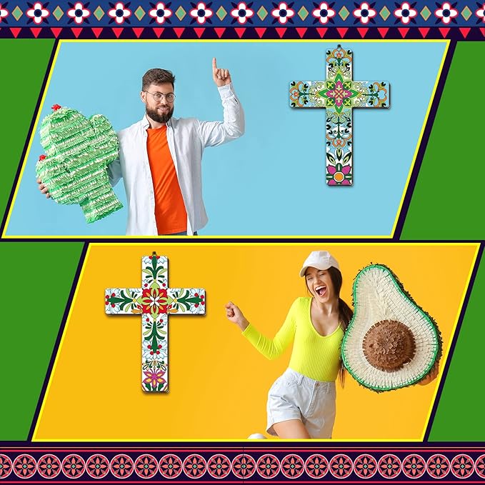 Pinkunn 2 Pcs Mexican Cross Wall Decor Floral Day of The Dead Decoration Hand Painted Wood Wall Art Dia De Los Muertos Altar Decorations Spanish Cross Decor for Home(Vibrant Flower)