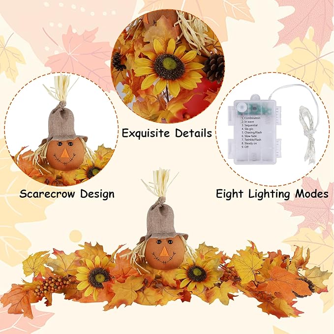 winemana 31.5in Outdoor Fall Decor for Mailbox, Lighted Fall Swag with 8 Modes & Timer, Autumn Scarecrow & Sunflower Thanksgiving Table Centerpiece Decorations