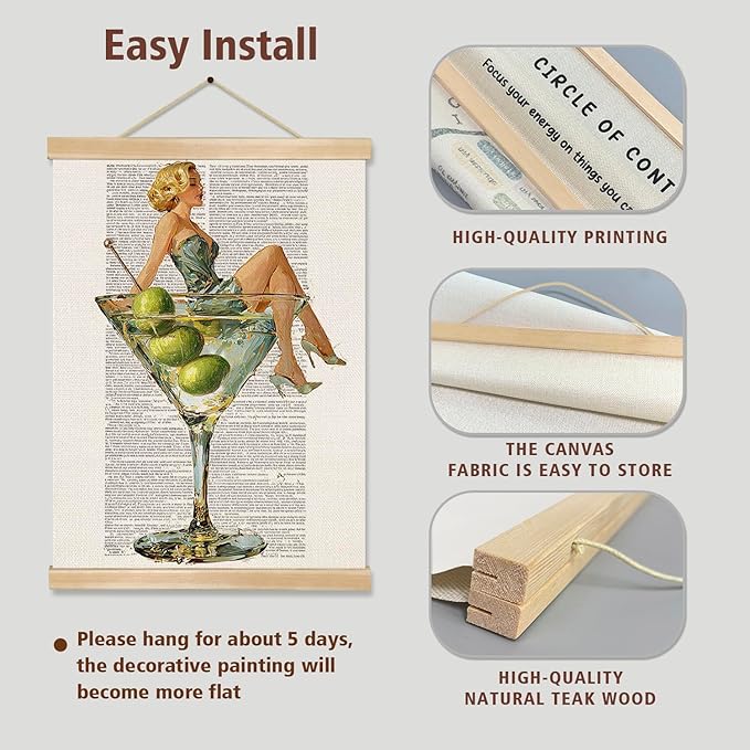 Martini Girl Wall Art, Vintage Glam Cocktail Poster, Retro Fashion Woman in Martini Glass Canvas Print, Chic Bar Lounge Wall Decor for Dining Room Kitchen or Home Office,Holiday Gift for Women 14x18.5 Inch (Begei-Woman02)