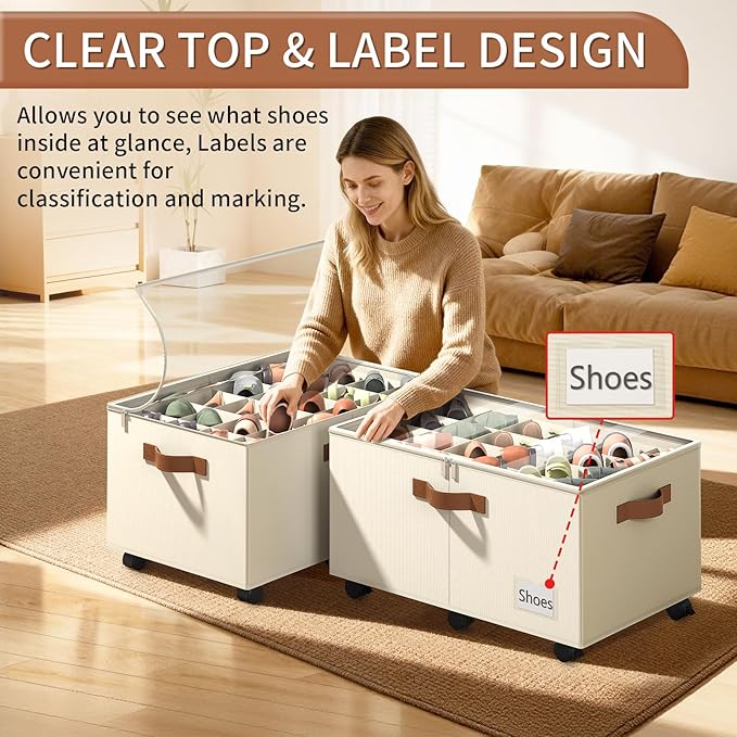 Shoe Organizer for Closet, Shoe Storage Organizer with Wheels and Adjustable Dividers, Stackable Shoe Storage Box with Clear Cover, Foldable Closet Shoe Organizer Fits up to 24-48 Pairs, Beige