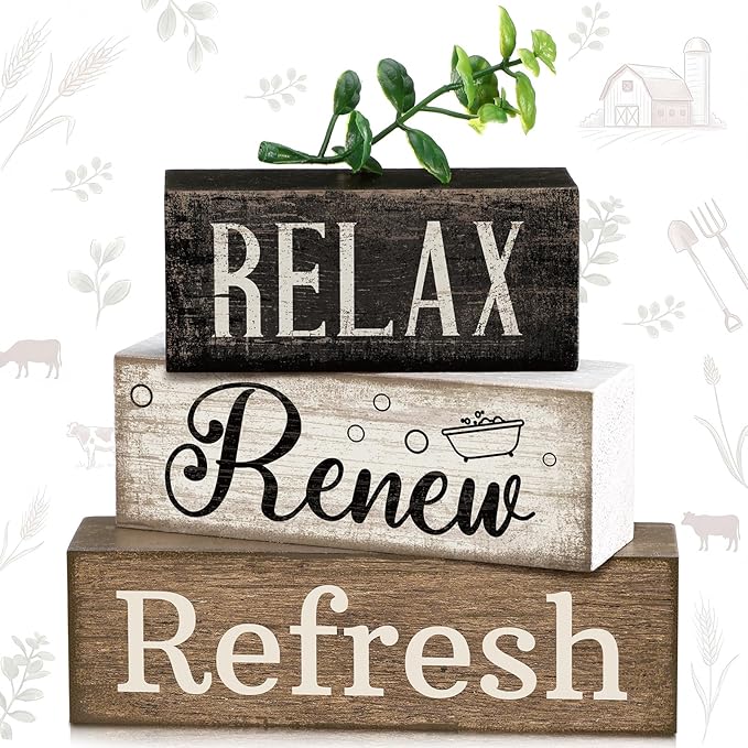 Lineshading 4 Pcs Bathroom Shelf Decor Sign Farmhouse Bathroom Decor and Accessories Rustic Eucalyptus Leave Wood Block Sign Gift Relax Renew Refresh Farmhouse Table Centerpiece for Home Office Toilet