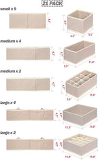 21 Pack Foldable Drawer Organizer Dividers Cloth Storage Box Closet Dresser Organizer Cube Fabric Containers Basket Bins for Underwear Bras Socks Panties Lingeries Nursery Baby Clothes Beige