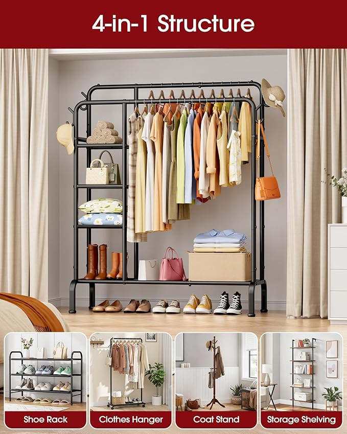 Clothes Rack - Double-Rod Clothing Rack with Built-In Hooks & Shelves, Multi-Functional Wardrobe Closet for Bedroom, Living Room, Entryway, 41.3" x 15.3" x 59.8", Black