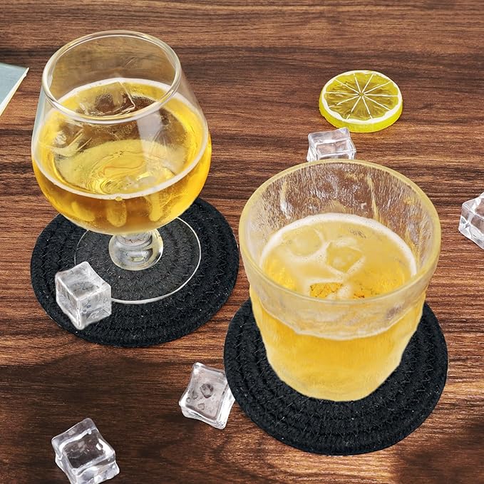 ABenkle 8 Pcs Drink Coasters with Holder, Cotton Woven Absorbent Coasters for Drinks, Minimalist Home Decor Coaster Set for Wooden Tabletop Protection Table, 4.3 inches