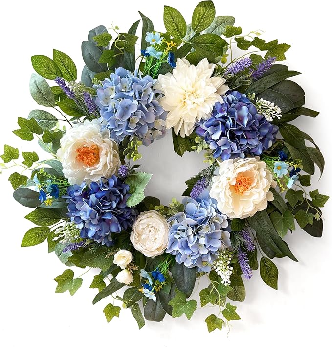 24 Inch Spring Wreaths for Front Door, Spring Summer Door Wreath with Blue Hydrangea White Peony Flower Wreath for All Season Outside Indoor Outdoor Home Porch Wall Decor