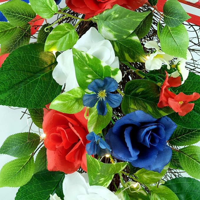 YULETIME 24" Pre-lit Decorative Teardrop Swag, Battery Operated Patriotic Theme Swag with Fairy Lights, Red, White & Blue Roses, Lilac Flowers, Green Leaves (Red White & Blue)