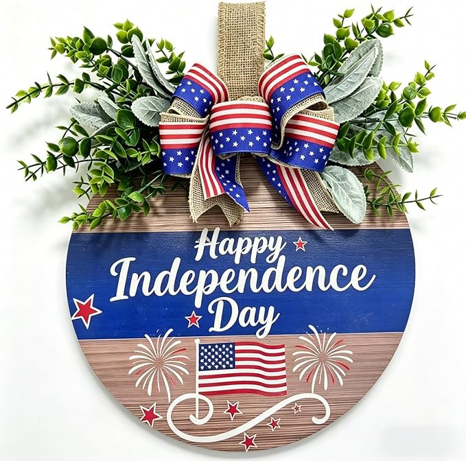 4th of July Wreaths Decorations for Front Door with Large Bow, USA 250th Anniversary Merchandise, Independence Day & Summer Patriotic Decorations for Garden & Patio (Color-Day)