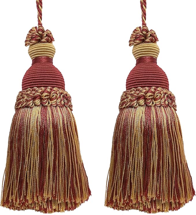 DÉCOPRO Beautiful Hand-Crafted 5" (12.5cm) Key Tassel, 3 1/2" (8.5cm) Loop # IKTJ, Burgundy Gold #1253 (Carmine Red, Yellow Gold, Dark Red) Set of 2
