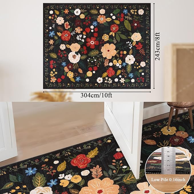 U'Artlines 8x10ft Vintage Floral Area Rug Machine Washable Ultra Soft Low Pile Non Slip Non Shedding Accent Floor Carpet for Living Room, Bedroom, Dining Room, Office (Black Green)