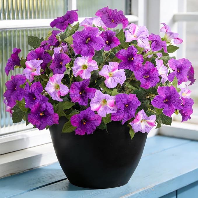 6 Pcs Artificial Petunia Flowers for Outdoor, Fake Spring Petunias Faux Silk Flowers for Outdoors UV Resistant Plants for Planters Garden Porch Patio Window Box Indoor Table Decor(Double Purple)
