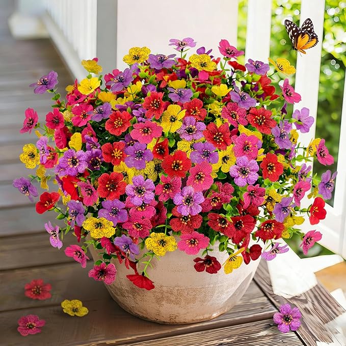 Artificial Flowers for Outdoors, 16 PCS UV Resistant Faux Plants with Fabric Flowers, Colorful Realistic Fake Flowers for Front Porch Garden Patio Balcony Planter Spring Summer Outside Decor