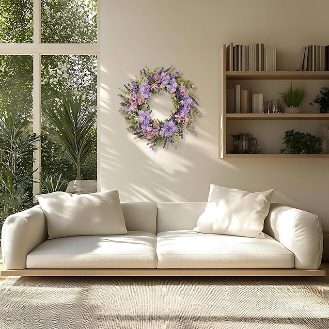 Purple Hydrangea Wreath for Front Door, 22 Inch Spring Wreath with Lavender & Artificial Flowers, Berry and Grain Accents, Rustic Farmhouse Floral Wreath for Outdoor Porch Indoor Home Decor