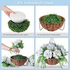 Artificial Flowers in Hanging Basket Planter for Home Spring Summer Decoration, Silk Hydrangea Outdoor Indoor Arrangements, 12" Metal Coconut Lining Basket with Faux Plant(Light Green)
