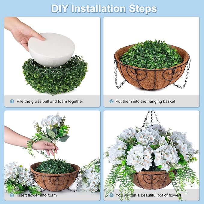Artificial Flowers in Hanging Basket Planter for Home Spring Summer Decoration, Silk Hydrangea Outdoor Indoor Arrangements, 12" Metal Coconut Lining Basket with Faux Plant(Light Green)