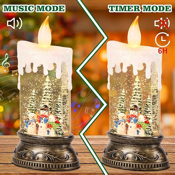 Wondise Rechargeable Musical Snow Globe Lantern with 6H Timer, Battery Operated USB Powered Lighted Snow Globe Lamp Spinning Water Swirling Glitters Holiday Decor Snowman Famliy