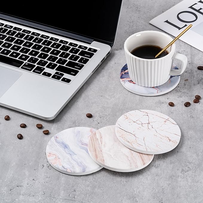 Hoewina 6Pcs Drink Coasters with Holder, Natural Style Ceramic Drink Coaster, Absorbent Coasters Set Suitable for Kinds of Cups, Modern Style Coasters for Coffee Table, 4 Inches（Style 6）