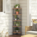 HOOBRO Corner Shelf Stand, Industrial 5-Tier Corner Bookshelf with Metal Frame, Plant Display Shelf, Small Bookcase for Small Spaces, Bedroom, Living Room, Rustic Brown BF33CJ01