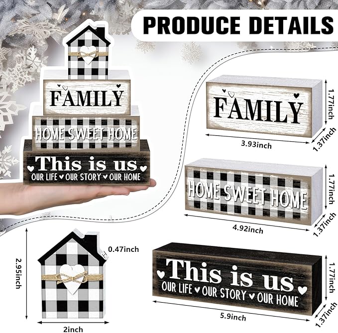 Cinnvoice 4 Pcs Farmhouse Tabletop Decor Rustic Family Blessed Home Table Centerpiece This Is Us Sign for Kitchen Shelf Desk Fireplace Mantel Tiered Tray Decor(Buffalo Plaid Family)
