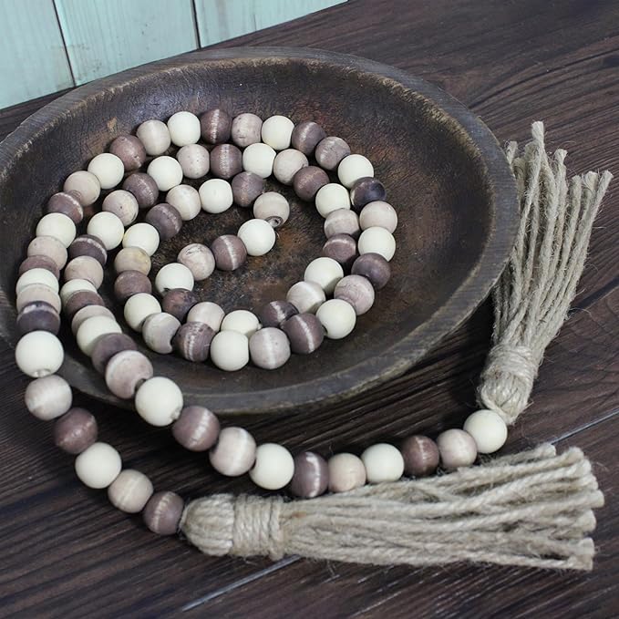 Farmhouse Decor Beads 60in Wooden Bead Garland with Tassels Boho Rustic Home Decor Accent Prayer Country Minimalist Decoration for Wall Hanging Room Table Mantle Shelf