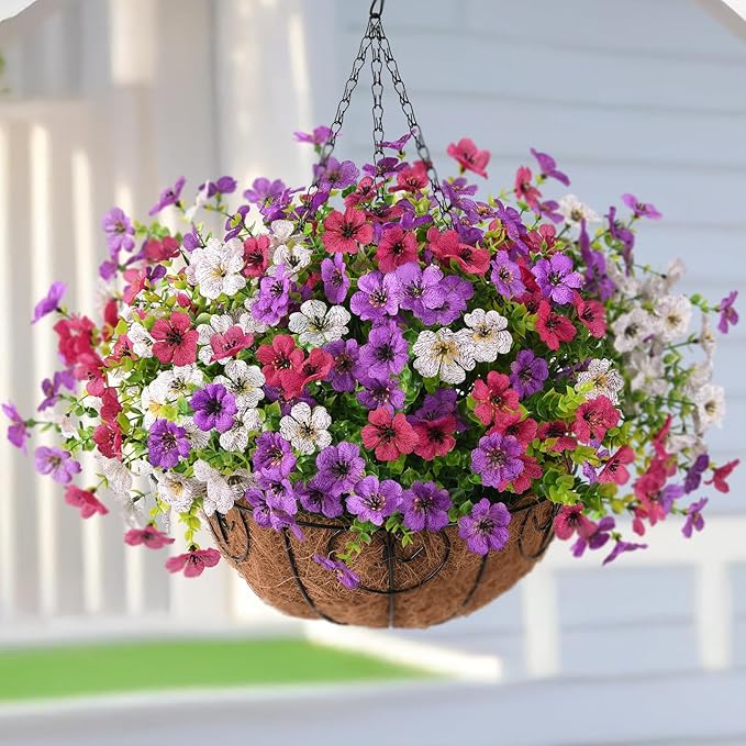Artificial Faux Hanging Flowers Plants with Basket for Outdoor Spring Decoration, Fake Silk Daisy Outside Indoor UV Resistant Look Real Yard Patio Front Porch Garden Balcony Home Decor(Mix4)