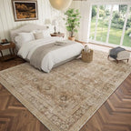 Washable 10x14 Area Rugs for Living Room, Boho Non-Slip Vintage Distress Large Rugs for Bedroom Dining Room Office, 0.3" Neutral Oriental Throw Thin Carpet, Brown/White/Multi