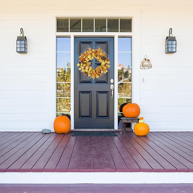 AMF0RESJ Artificial Fall Wreath for Front Door Autumn Eucalyptus Wreath with Orange Eucalyptus Leaves,Woodern Oak Leaves for Farmhouse Indoor Outdoor Window Wall Door Home Decor,Gift Box Included