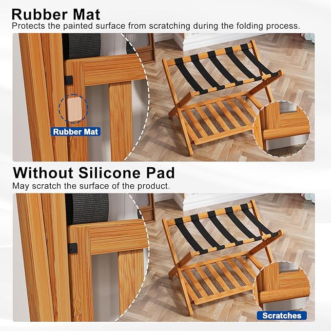 Smuxee Fully Assembled Honey Luggage Racks Pack of 2, Upgraded Bamboo Foldable Suitcase Stand with 5 Nylon Straps, Luggage Holder with Shelf for Guest Room Bedroom Hotel
