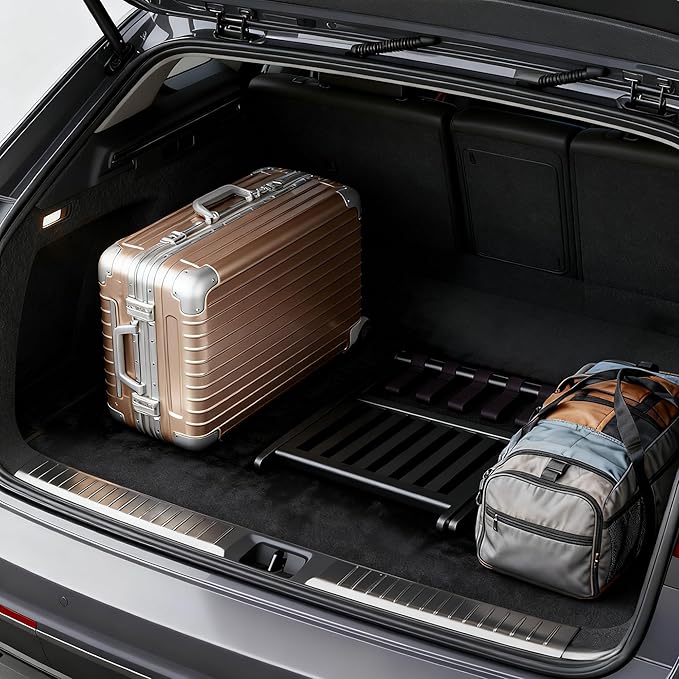 26.77"L Luggage Rack for Guest Room - 1 Pack Full Assembled Luggage Rack Stand for Suitcases, Foldable Luggage Holders with Shoe Shelf, 5 Nylon Straps for Bedroom, Hotel (Black Bamboo Suitcase Stands)