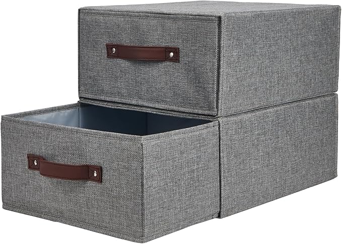 2PCS Closet Drawer Organizer Stackable Fabric Storage Boxes Bins Baskets with Lid PU Leather Handles Foldable Washable Cotton Linen Wardrobe Shelf Cloth Towels Container (Gray, Large)