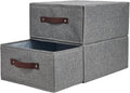 2PCS Closet Drawer Organizer Stackable Fabric Storage Boxes Bins Baskets with Lid PU Leather Handles Foldable Washable Cotton Linen Wardrobe Shelf Cloth Towels Container (Gray, Large)