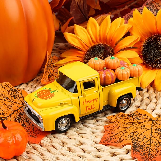 Fall Pumpkin Truck Decor Vintage Metal Truck with Pumpkins Ornament Cute Autumn Harvest Farmhouse Tabletop Tiered Tray Decoration for Thanksgiving Party Home Kitchen Office Tiered Tray Supplies