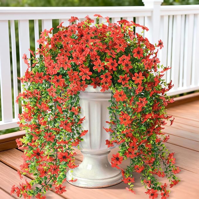 Artificial Hanging Flowers for Outdoors, 2 Pcs Fake Hanging Plant Spring Summer Decor, UV Resistant No Fade Realistic Faux Flower for Front Door Porch Planter Patio Garden Yard (Red)