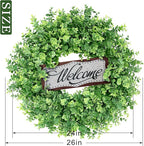 26" Artificial Eucalyptus Wreath with Welcome Sign for Front Door, Porch, Window - Large Faux Eucalyptus Greenery Outdoor Wreath for Home, Farmhouse Decor - Spring, Summer, All Seasons (Green)