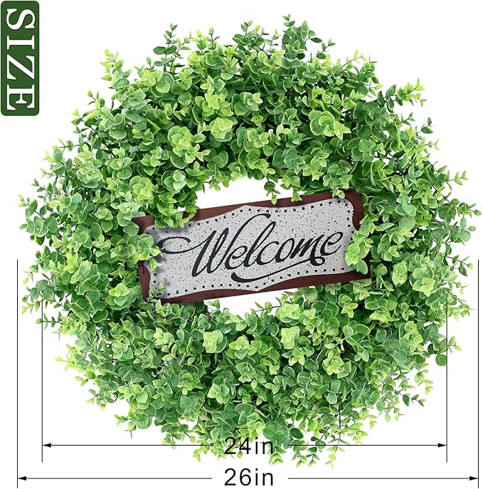 26" Artificial Eucalyptus Wreath with Welcome Sign for Front Door, Porch, Window - Large Faux Eucalyptus Greenery Outdoor Wreath for Home, Farmhouse Decor - Spring, Summer, All Seasons (Green)