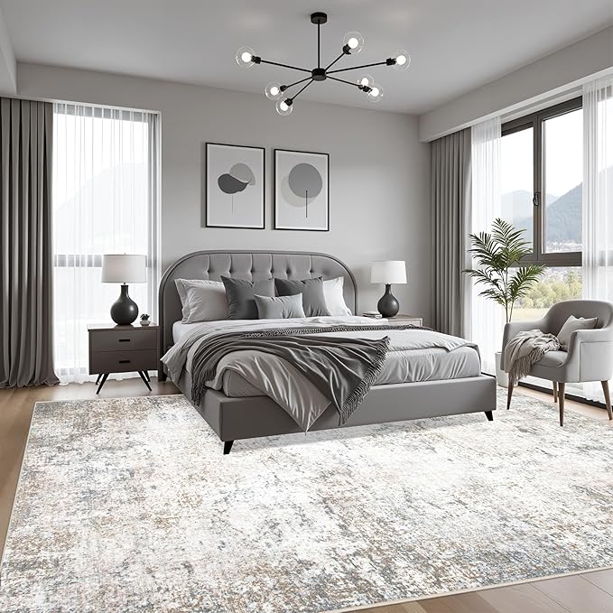 5x5 Area Rug Living Room Rug: Washable Modern Abstract Soft Thin Rug Indoor Floor No Slip Stain Resistant Carpet for Bedroom Dining Room Farmhouse Nursery Home Office - Brown Grey