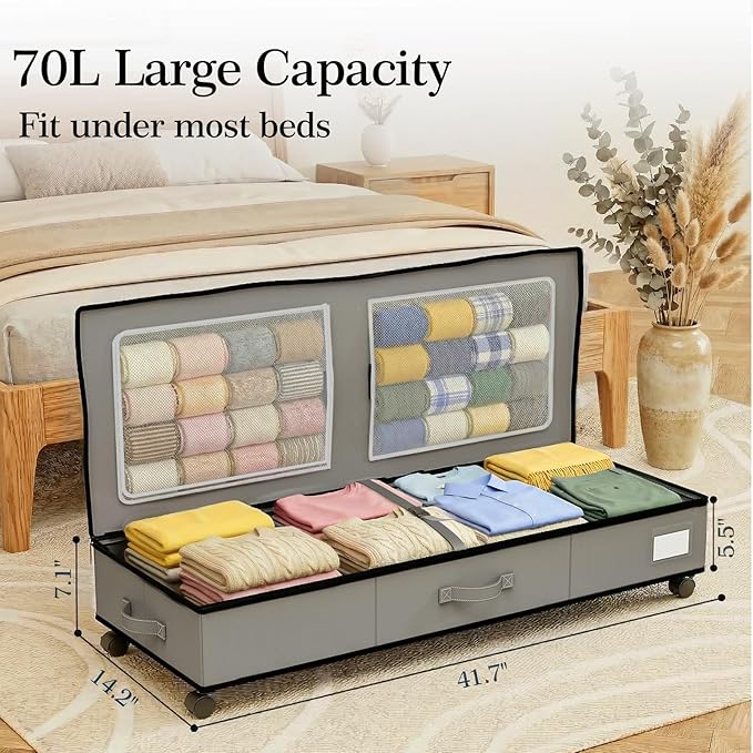 GoMaihe Under Bed Storage with Wheels: 70L Rolling Bins for Wrapping Paper Storage, Toys, Clothes - Includes Mesh Bag & Adjustable Dividers, Metal Frame Easy Pull-out Grey 1-Pack