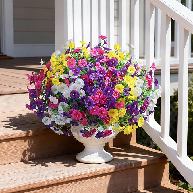 Ivydale 24 Bundles Artificial Flowers for Outdoors Faux Plants Spring Outdoor Decor Faux Silk Morning Glory with Eucalyptus Realistic UV Resistant for Outside Planters Porch Patio Garden Home Decor